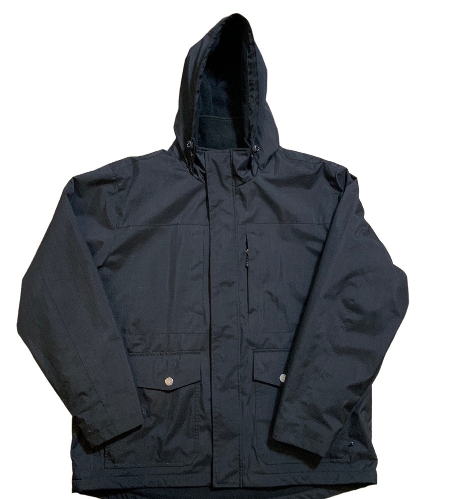 SWISS+TECH Black Hooded Zipper Snap Parka Jacket Large Gorpcore Grunge Normcore